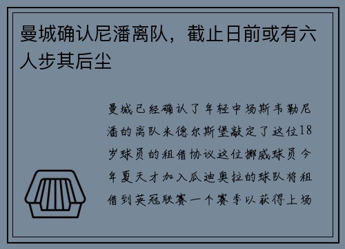 曼城确认尼潘离队，截止日前或有六人步其后尘